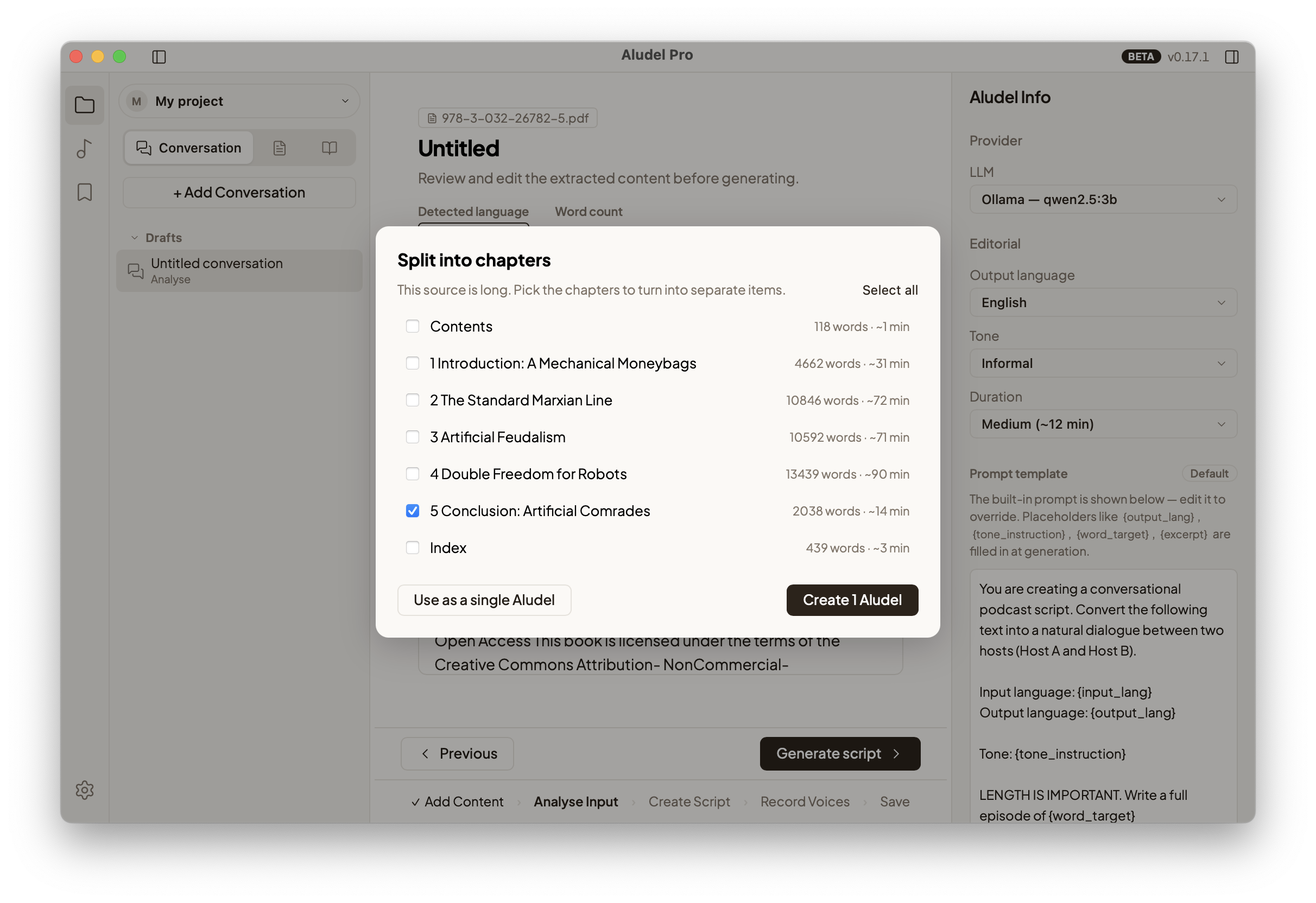 Aludel's chapter-selection dialog listing detected chapters of a book with checkboxes