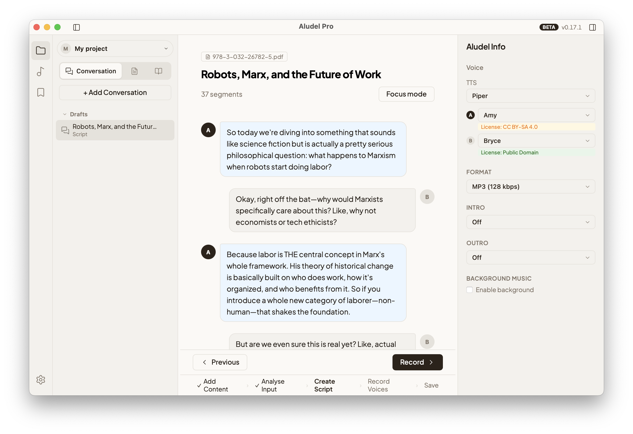 Aludel's script editor: an editable two-voice dialogue shown before synthesis, with voice and format options in a side panel
