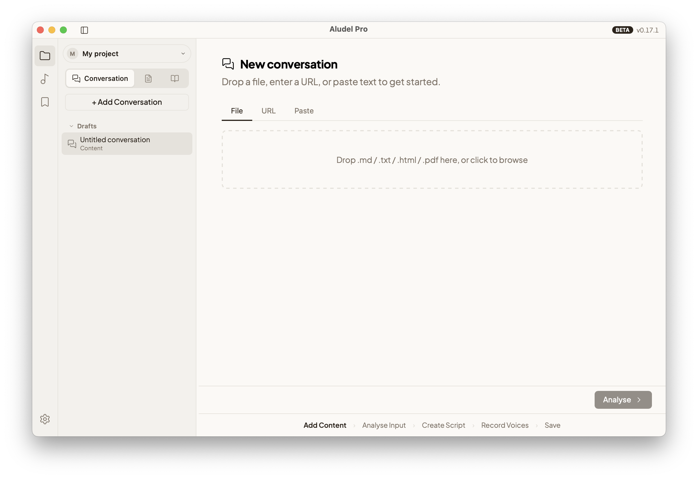 Aludel's ingest screen with a drop zone for files, a URL field, and a paste option