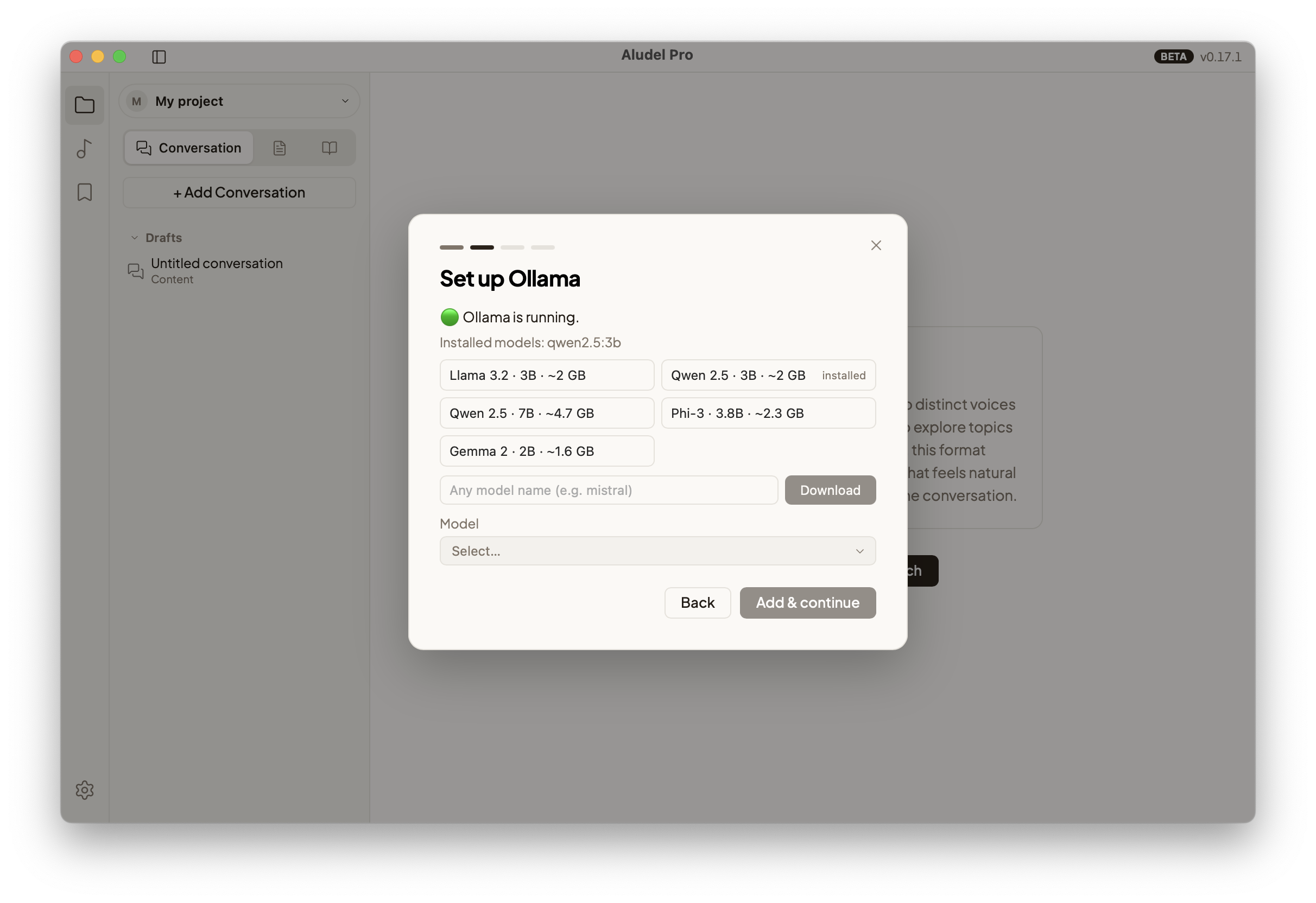 Aludel's onboarding step for setting up the local Ollama model