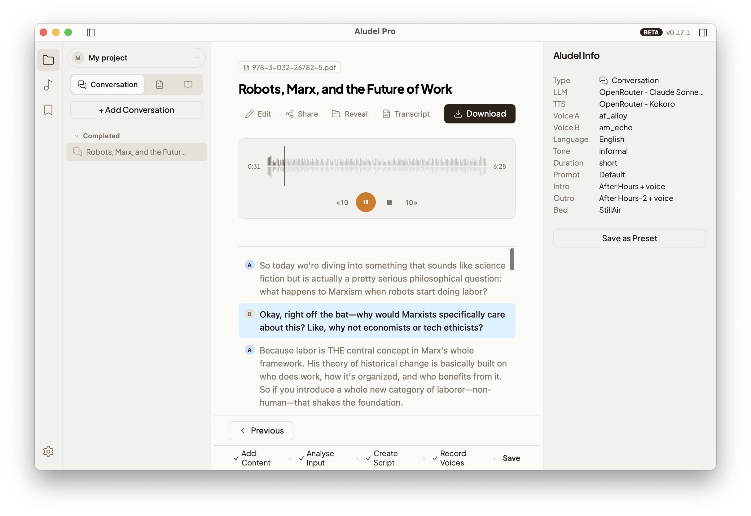 Aludel's player with a waveform and a synced transcript highlighting the current line