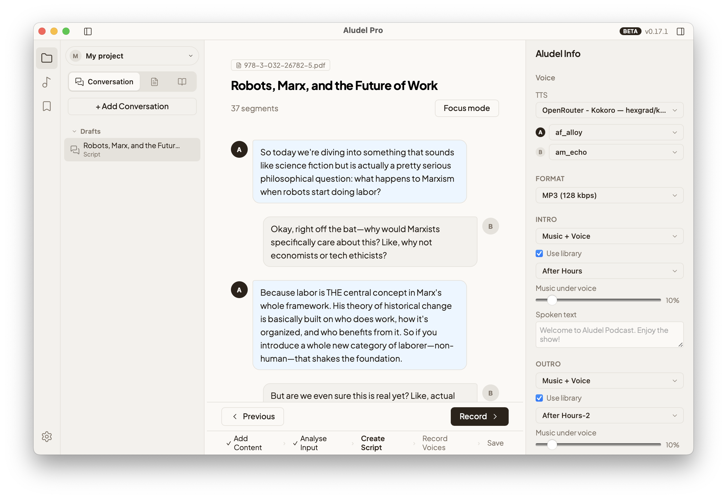 Aludel's editable chat-style script with speaker bubbles you can edit inline