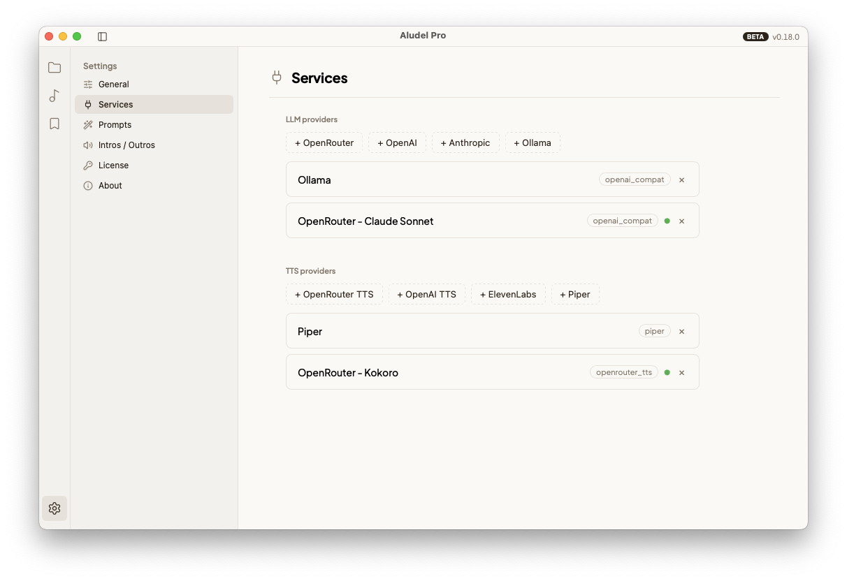 Aludel's Services settings listing configured LLM and TTS providers